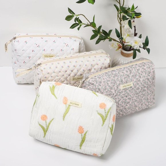 Women Kawaii Floral Cosmetic Large Travel Toiletry Cosmetic Pouch Creamy Tulip - Picture 7 of 7